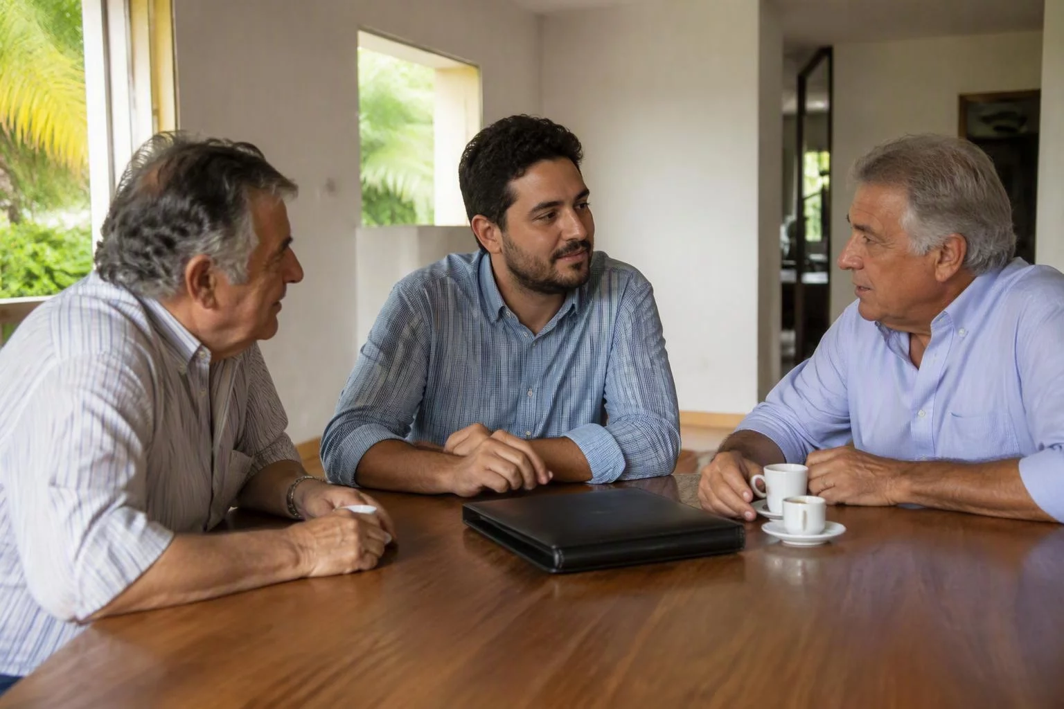 Três sócios de uma empresa familiar conversando em volta da mesa da sala