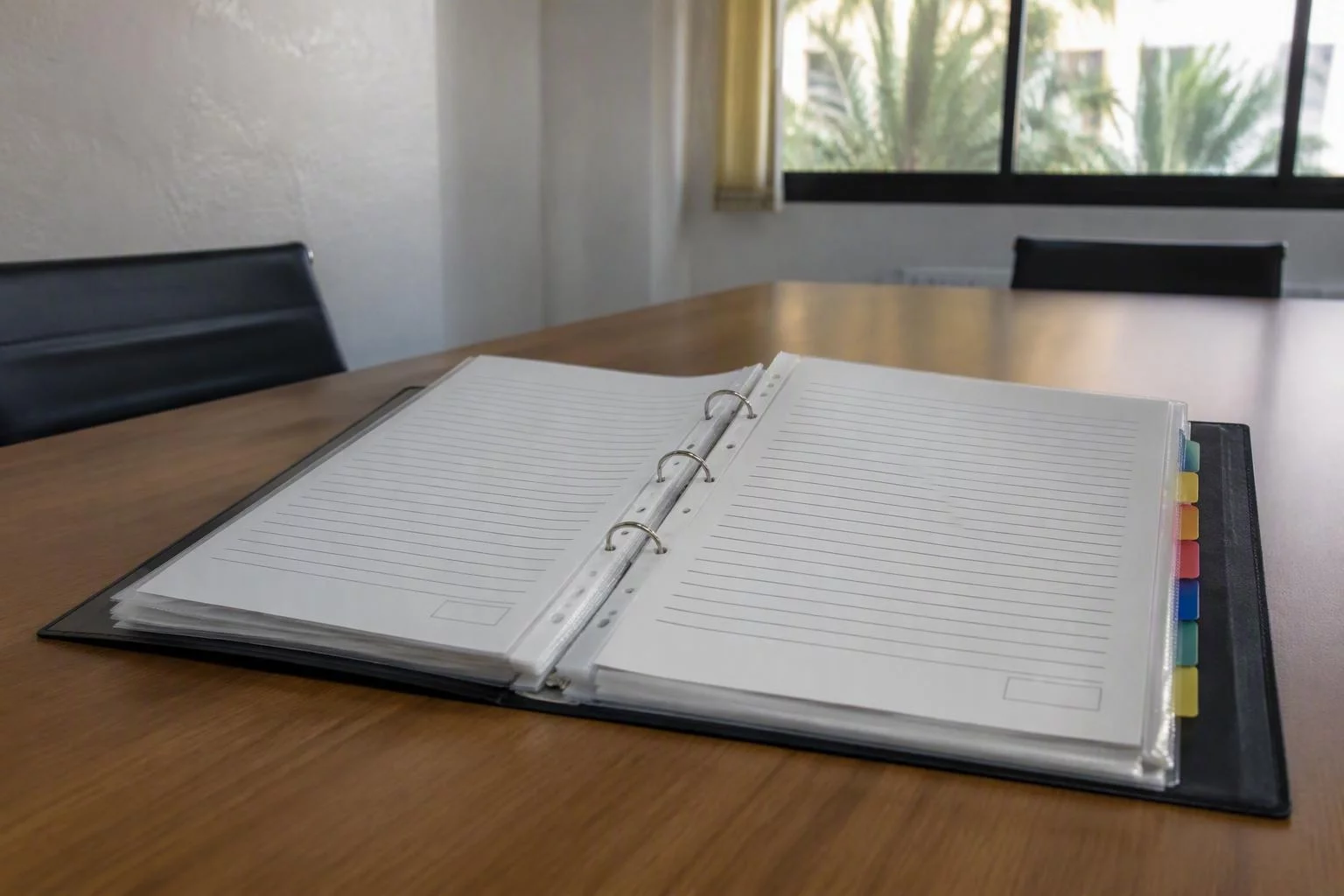 Pasta de documentos societários aberta sobre a mesa de reunião