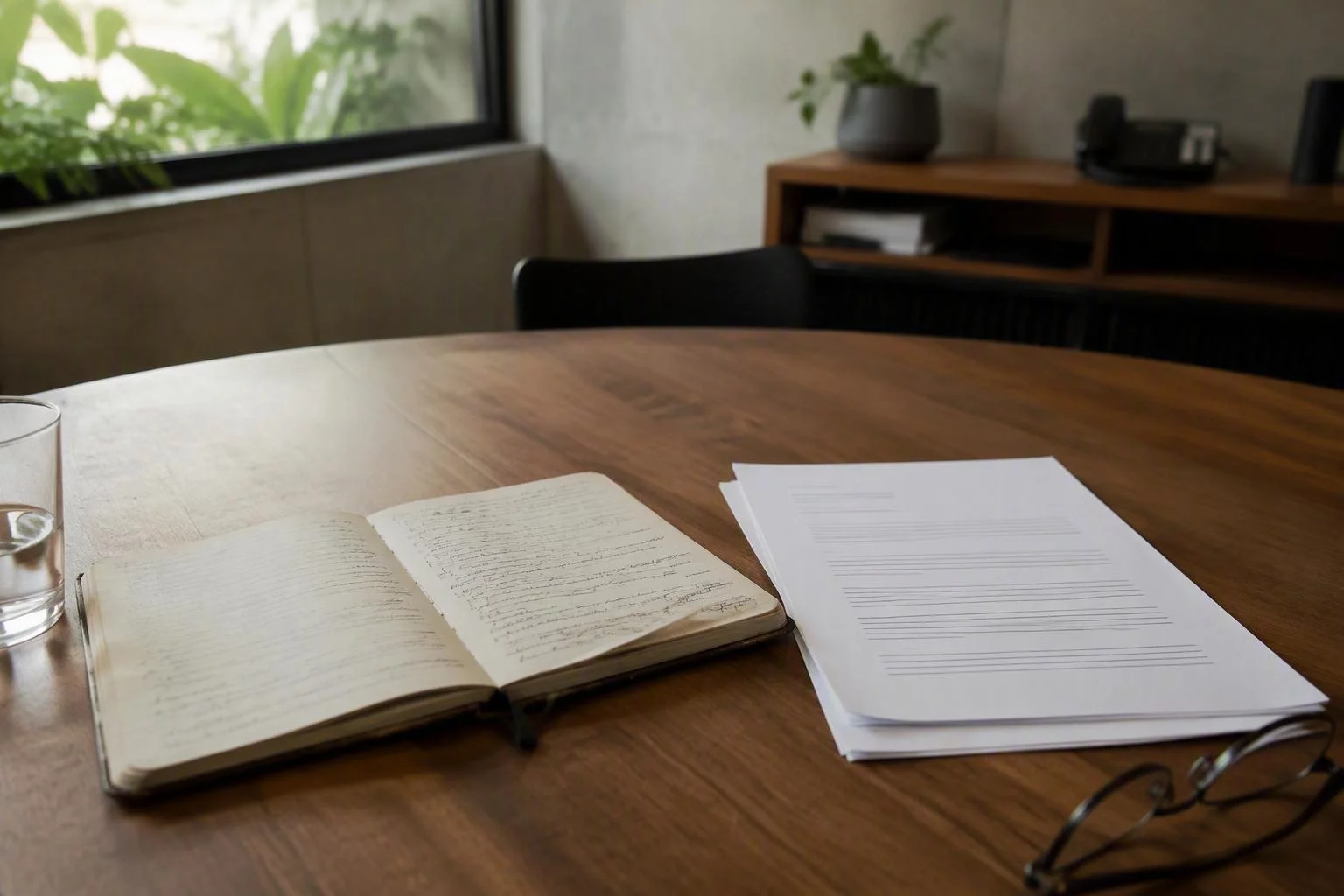 Caderno do fundador aberto ao lado do contrato social impresso